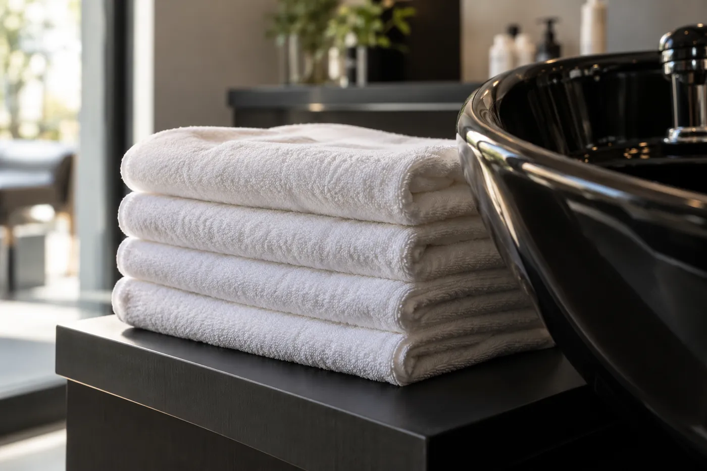 Stapel weißer Handtücher neben einem schwarzen Waschbecken im Salon